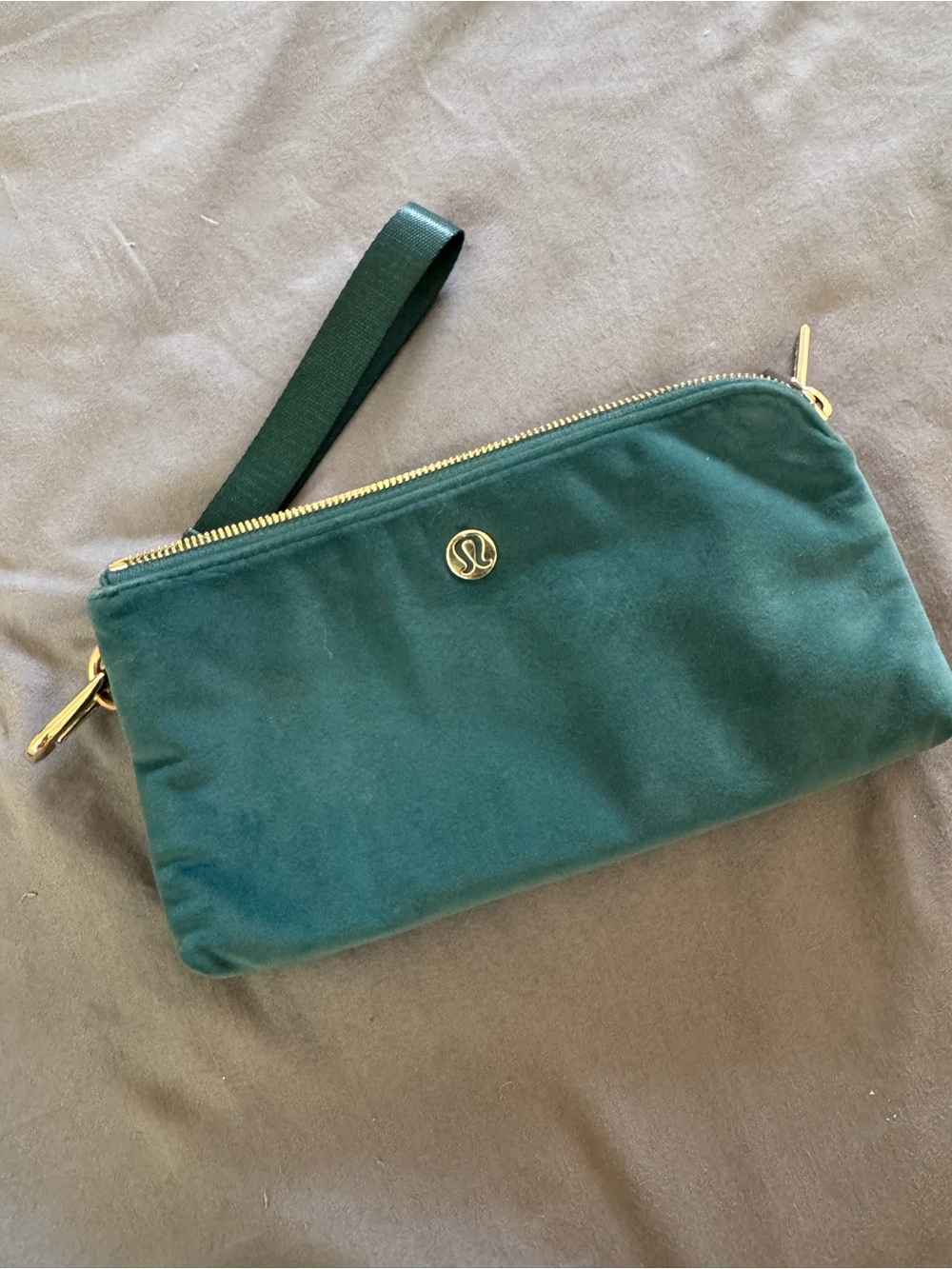 lululemon athletica Deep Green Velvet Wristlet with Gold Hardware